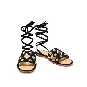Maje Black Suede Gold Studded Lace Up Gladiator Sandals Flat Wrap Shoes 40